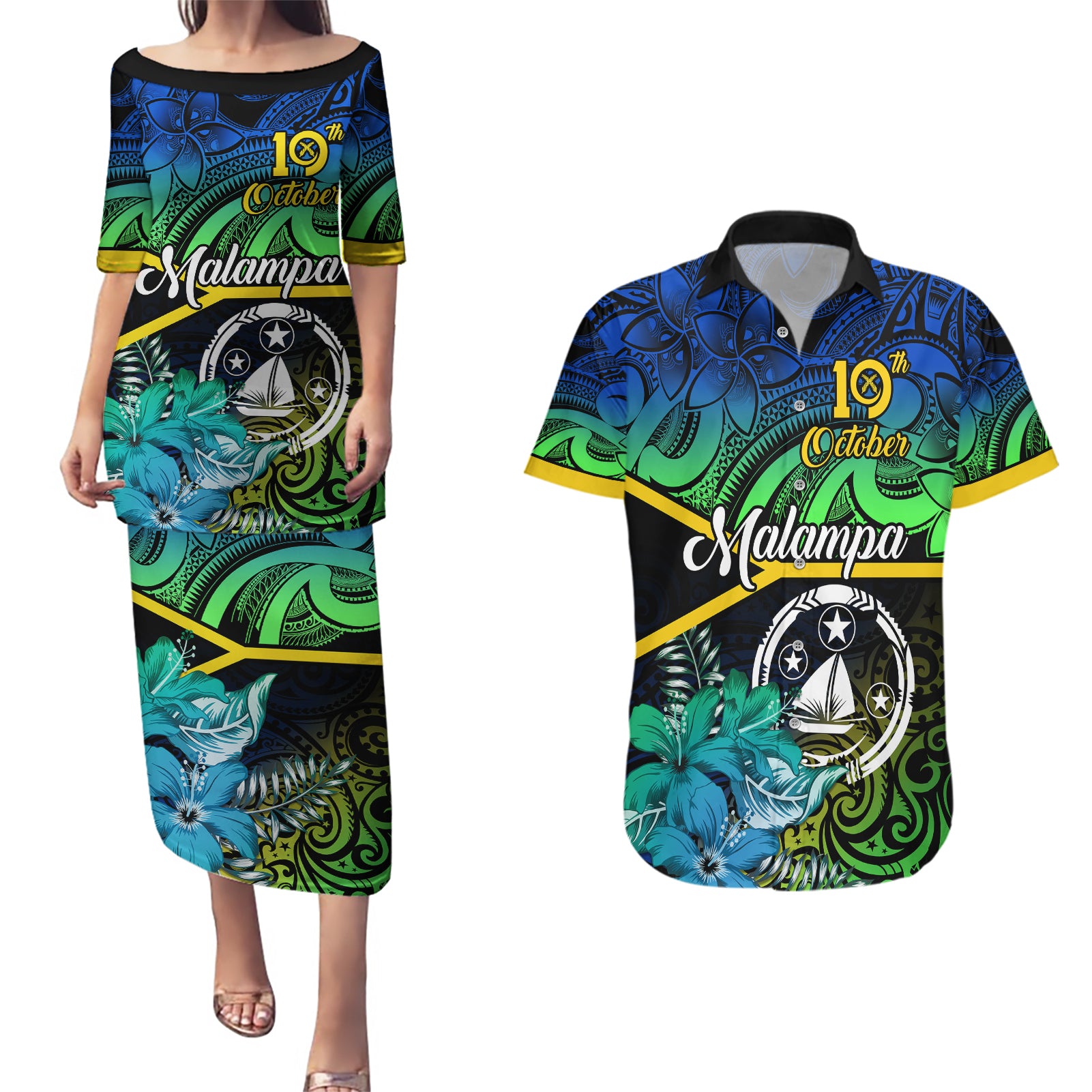 personalised-malampa-day-couples-matching-puletasi-dress-and-hawaiian-shirt-vanuatu-flowers-with-malampa-emblem-tribal-pattern