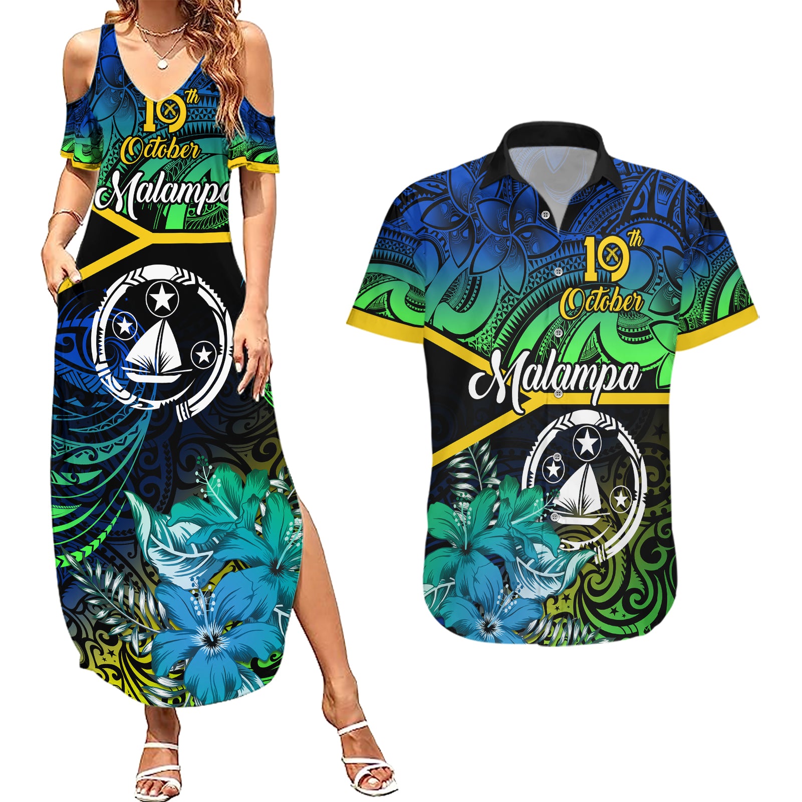 personalised-malampa-day-couples-matching-summer-maxi-dress-and-hawaiian-shirt-vanuatu-flowers-with-malampa-emblem-tribal-pattern