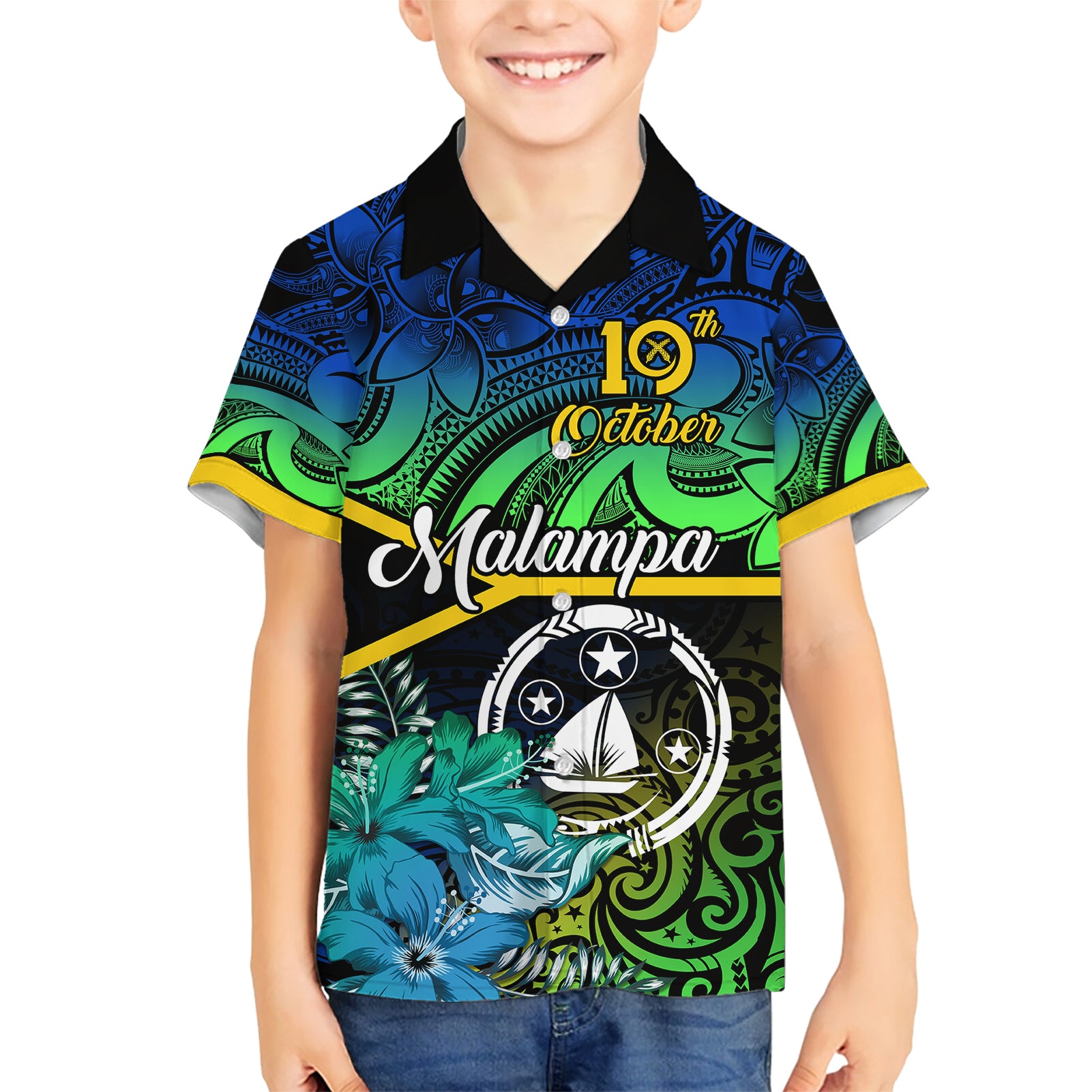 personalised-malampa-day-kid-hawaiian-shirt-vanuatu-flowers-with-malampa-emblem-tribal-pattern