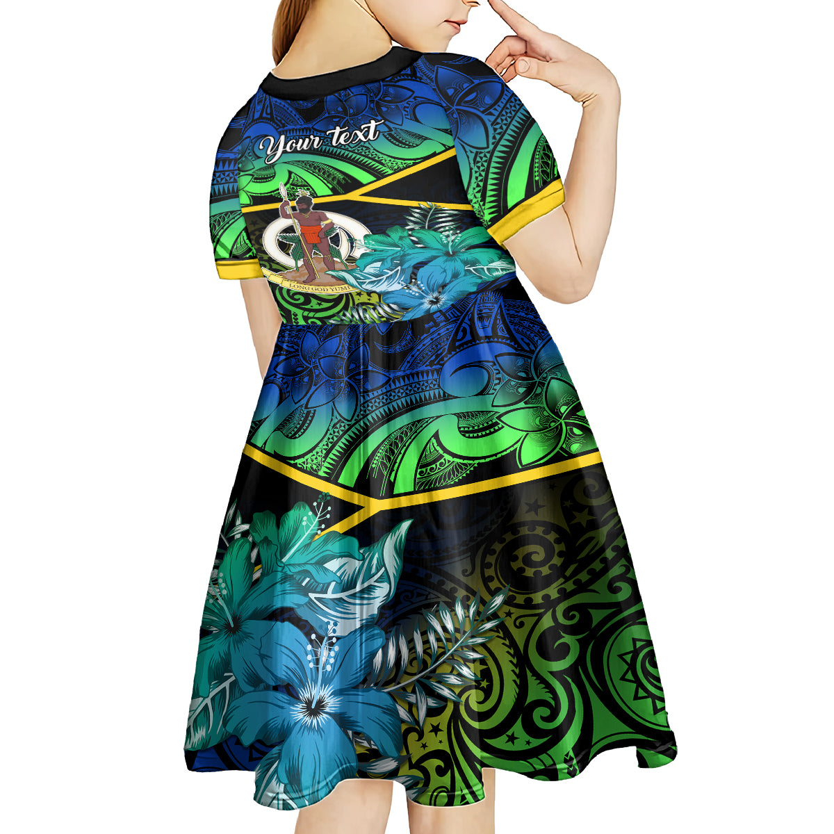 personalised-malampa-day-kid-short-sleeve-dress-vanuatu-flowers-with-malampa-emblem-tribal-pattern