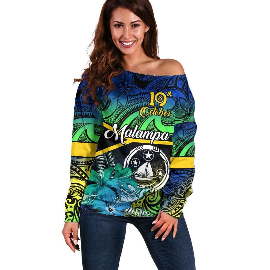 Personalised Malampa Day Off Shoulder Sweater Vanuatu Flowers with Malampa Emblem Tribal Pattern LT9 Women Black - Polynesian Pride