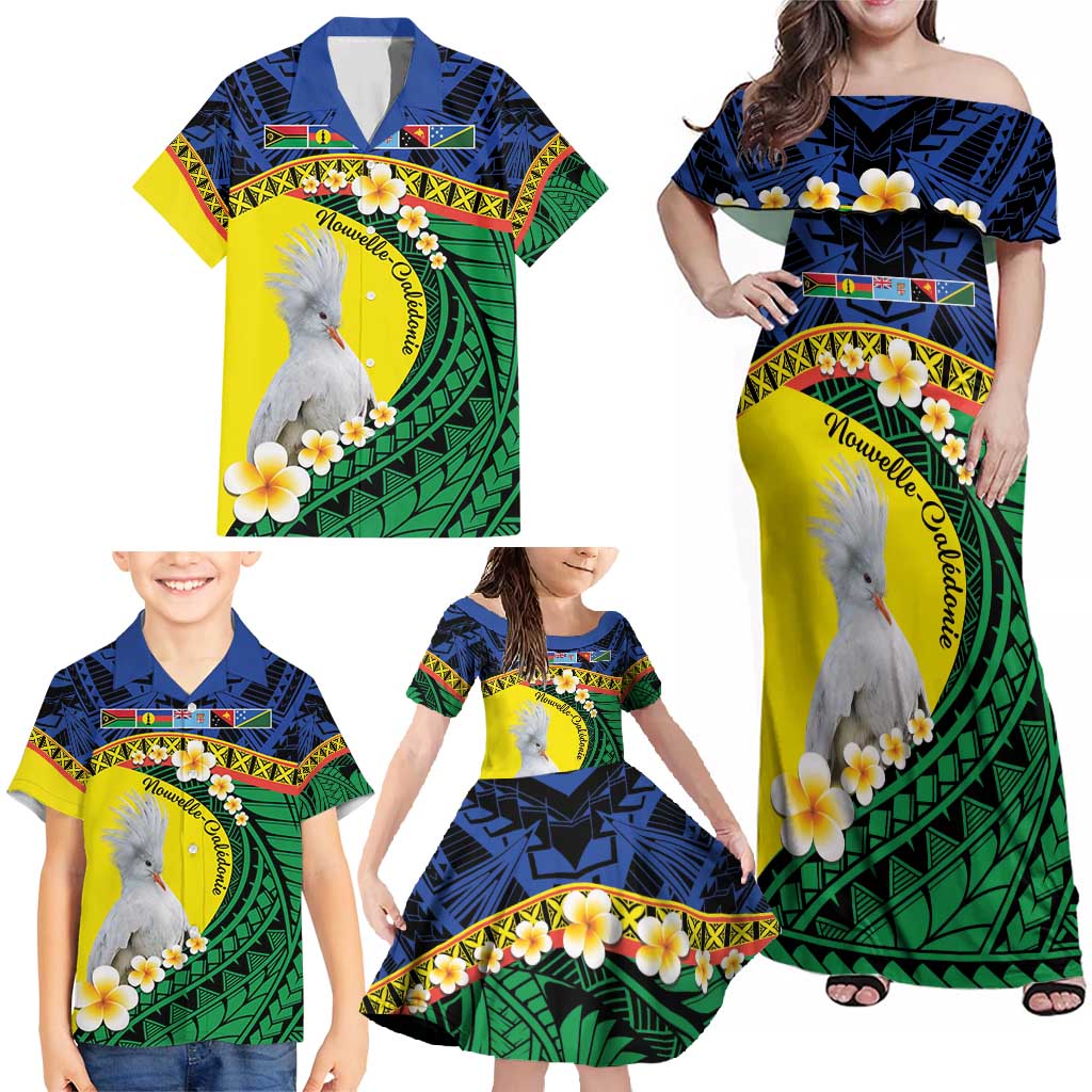 Melanesian New Caledonia Family Matching Off Shoulder Maxi Dress and Hawaiian Shirt Plumeria Kagu Bird and Nautilus Shell