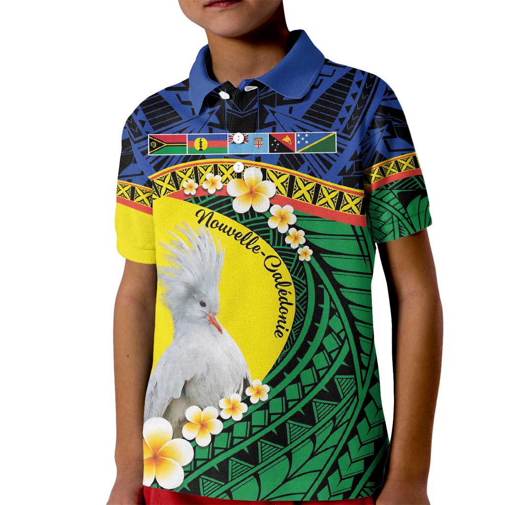 Melanesian New Caledonia Kid Polo Shirt Plumeria Kagu Bird and Nautilus Shell LT9 Kid Blue - Polynesian Pride