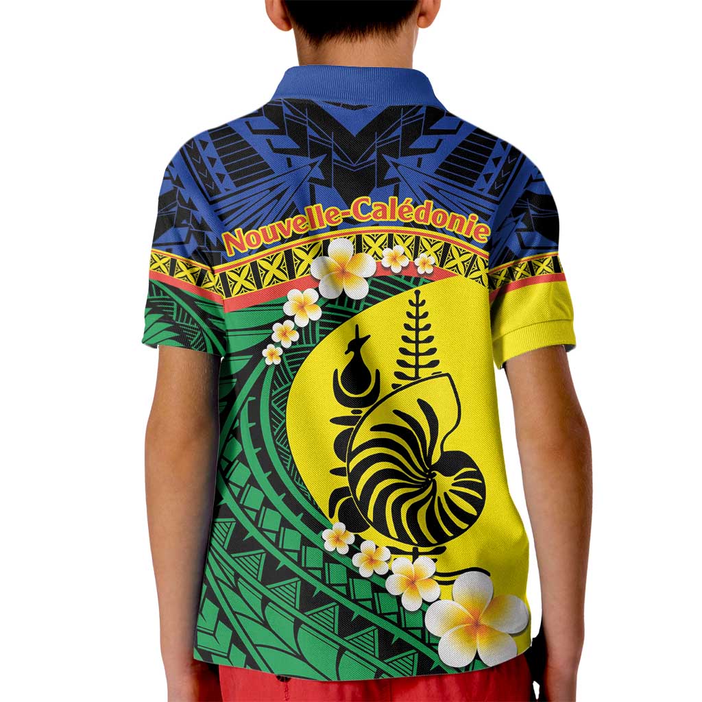 Melanesian New Caledonia Kid Polo Shirt Plumeria Kagu Bird and Nautilus Shell LT9 - Polynesian Pride