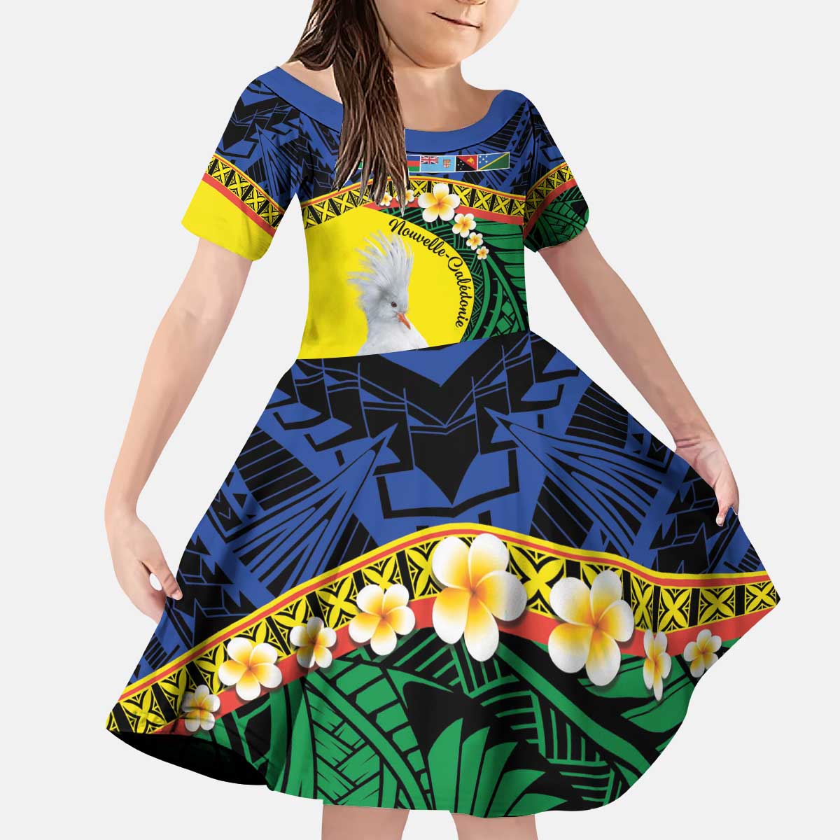 Melanesian New Caledonia Kid Short Sleeve Dress Plumeria Kagu Bird and Nautilus Shell LT9 KID Blue - Polynesian Pride