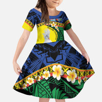 Melanesian New Caledonia Kid Short Sleeve Dress Plumeria Kagu Bird and Nautilus Shell LT9 KID Blue - Polynesian Pride