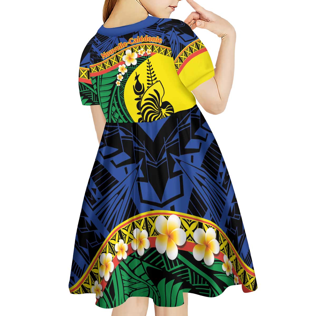 Melanesian New Caledonia Kid Short Sleeve Dress Plumeria Kagu Bird and Nautilus Shell LT9 - Polynesian Pride