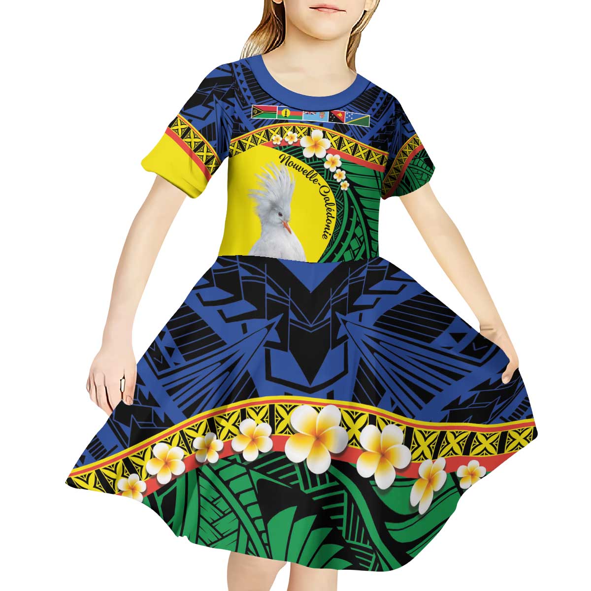 Melanesian New Caledonia Kid Short Sleeve Dress Plumeria Kagu Bird and Nautilus Shell LT9 - Polynesian Pride