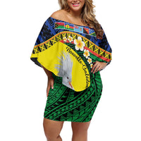 Melanesian New Caledonia Off Shoulder Short Dress Plumeria Kagu Bird and Nautilus Shell LT9 Women Blue - Polynesian Pride