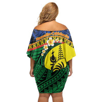 Melanesian New Caledonia Off Shoulder Short Dress Plumeria Kagu Bird and Nautilus Shell LT9 - Polynesian Pride
