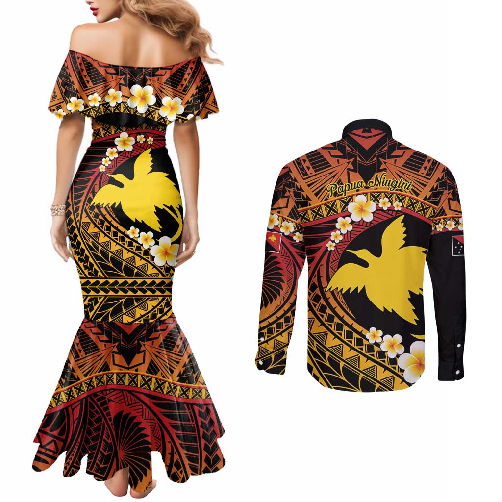 Melanesian Papua New Guinea Couples Matching Mermaid Dress and Long Sleeve Button Shirt Plumeria Bird of Paradise Tribal