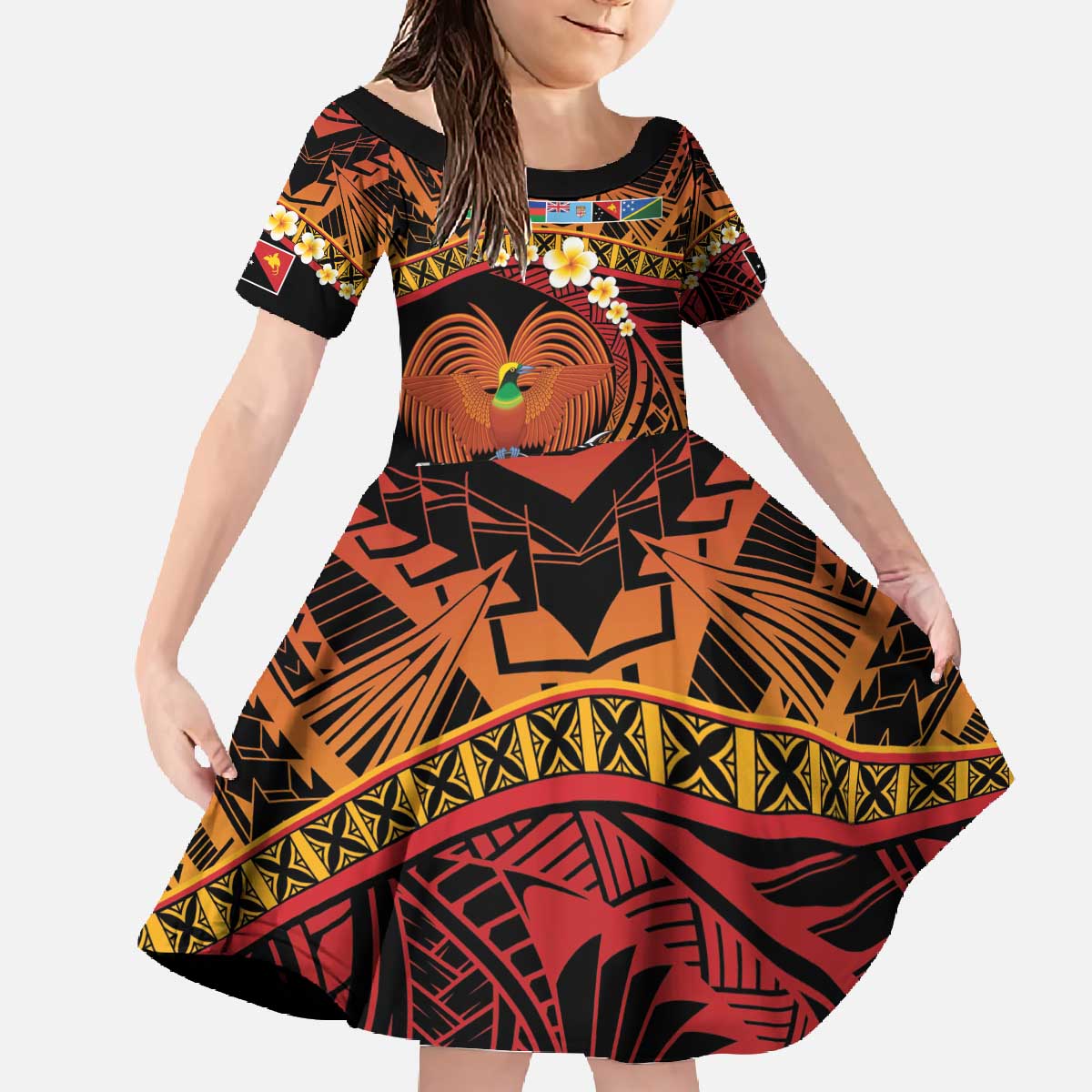 Melanesian Papua New Guinea Family Matching Off The Shoulder Long Sleeve Dress and Hawaiian Shirt Plumeria Bird of Paradise Tribal
