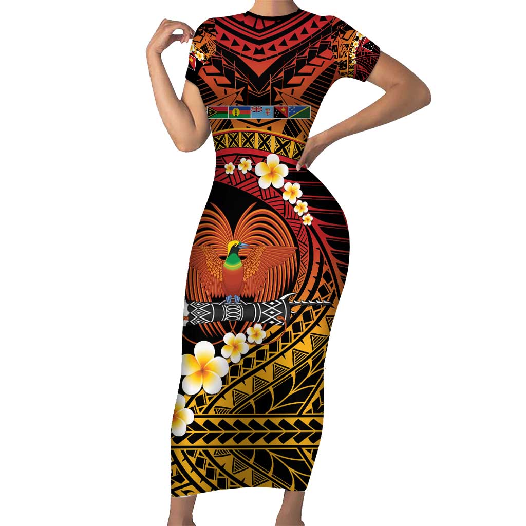 Melanesian Papua New Guinea Family Matching Short Sleeve Bodycon Dress and Hawaiian Shirt Plumeria Bird of Paradise Tribal