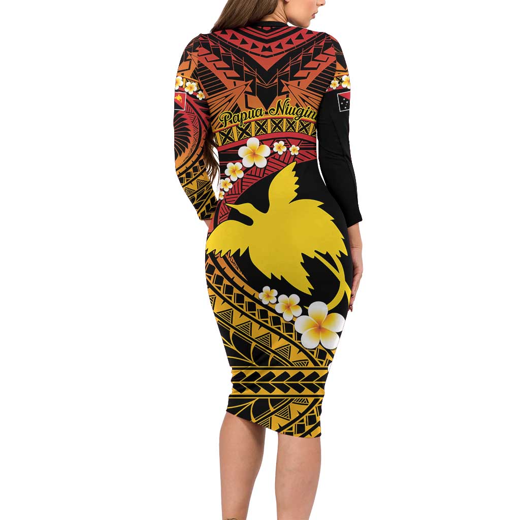 Melanesian Papua New Guinea Long Sleeve Bodycon Dress Plumeria Bird of Paradise Tribal