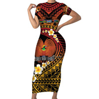 Melanesian Papua New Guinea Short Sleeve Bodycon Dress Plumeria Bird of Paradise Tribal