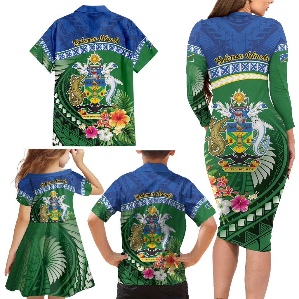 Melanesian Solomon Islands Family Matching Long Sleeve Bodycon Dress and Hawaiian Shirt Tropical Shark Tattoo