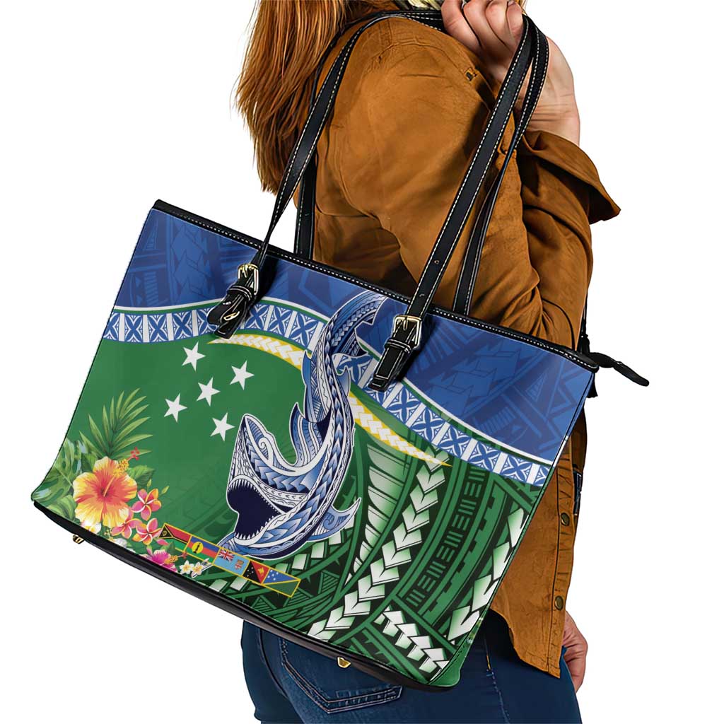 Melanesian Solomon Islands Leather Tote Bag Tropical Shark Tattoo