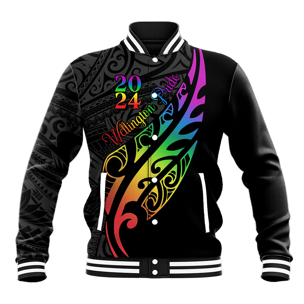 Personalised New Zealand Wellington Pride Baseball Jacket Maori Fern with Pride Flag 2024 LT9 Unisex Black - Polynesian Pride