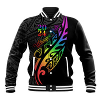 Personalised New Zealand Wellington Pride Baseball Jacket Maori Fern with Pride Flag 2024 LT9 Unisex Black - Polynesian Pride