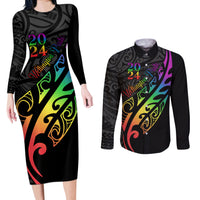 Personalised New Zealand Wellington Pride Couples Matching Long Sleeve Bodycon Dress and Long Sleeve Button Shirt Maori Fern with Pride Flag 2024 LT9 Black - Polynesian Pride