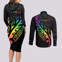 Personalised New Zealand Wellington Pride Couples Matching Long Sleeve Bodycon Dress and Long Sleeve Button Shirt Maori Fern with Pride Flag 2024 LT9 - Polynesian Pride