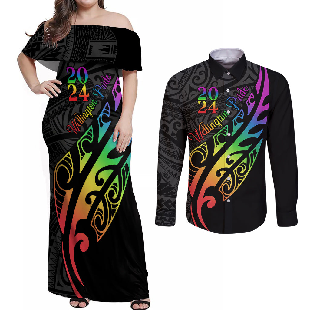Personalised New Zealand Wellington Pride Couples Matching Off Shoulder Maxi Dress and Long Sleeve Button Shirt Maori Fern with Pride Flag 2024 LT9 Black - Polynesian Pride