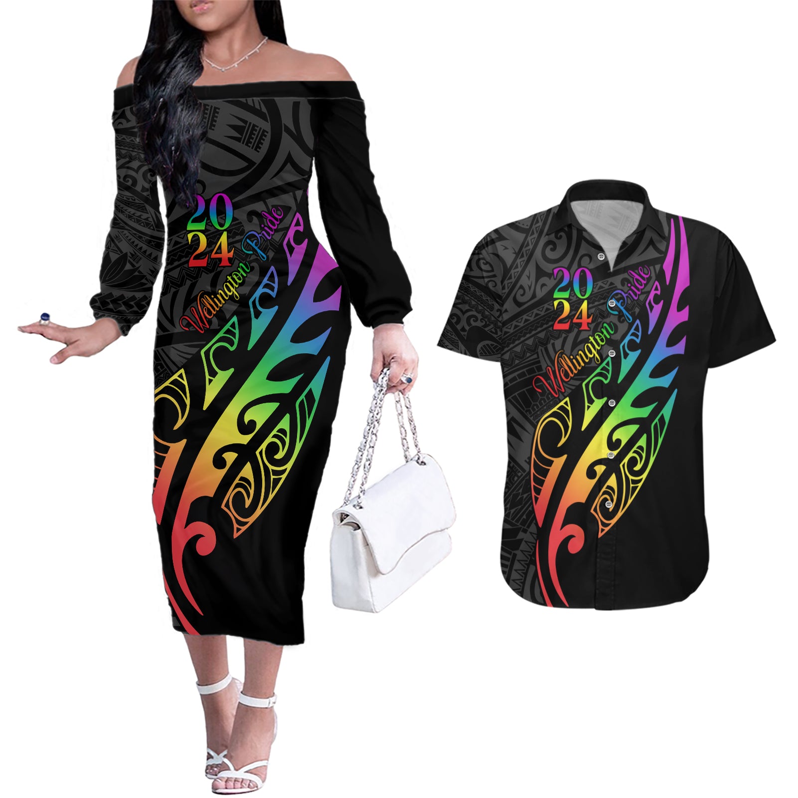 Personalised New Zealand Wellington Pride Couples Matching Off The Shoulder Long Sleeve Dress and Hawaiian Shirt Maori Fern with Pride Flag 2024 LT9 Black - Polynesian Pride