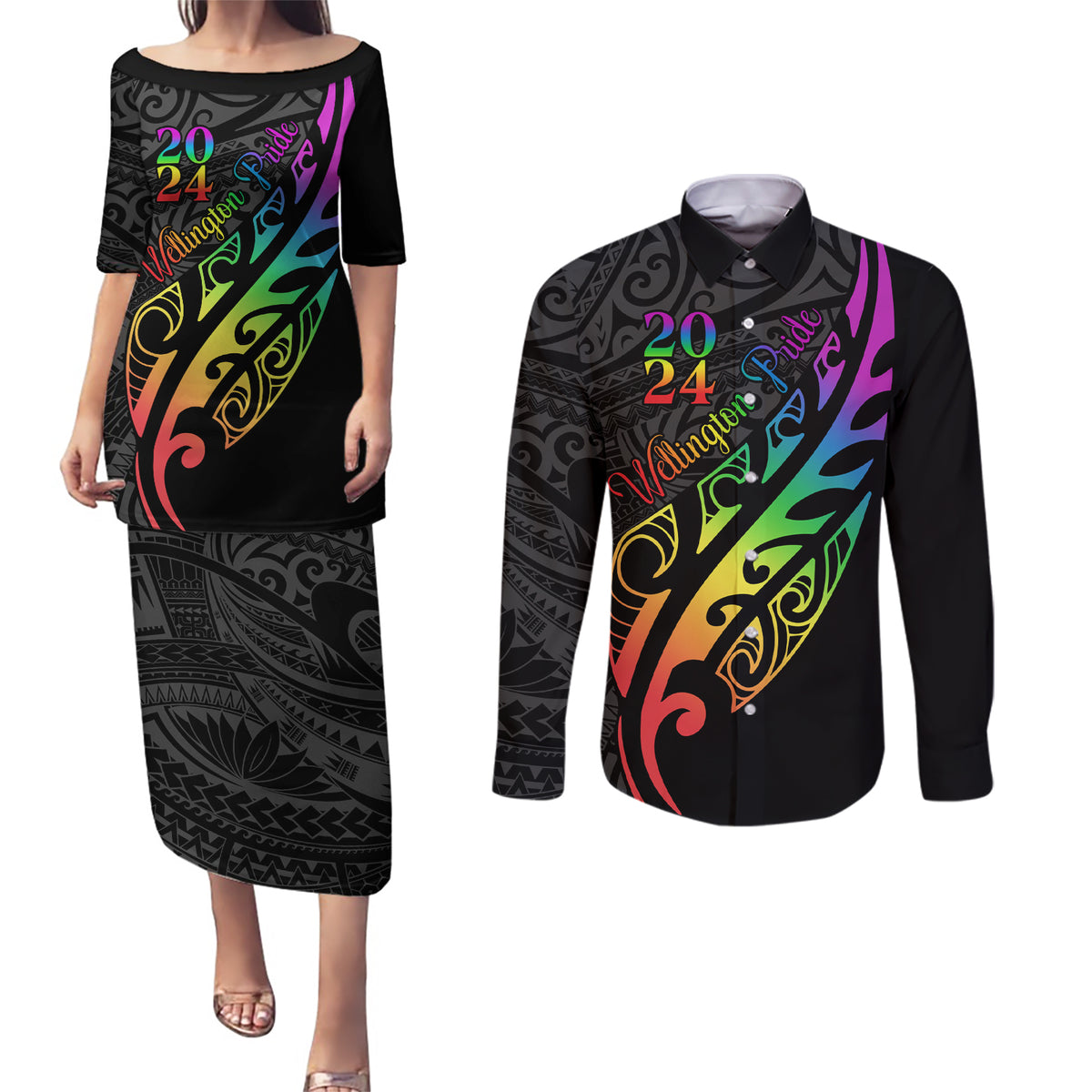 Personalised New Zealand Wellington Pride Couples Matching Puletasi and Long Sleeve Button Shirt Maori Fern with Pride Flag 2024 LT9 Black - Polynesian Pride