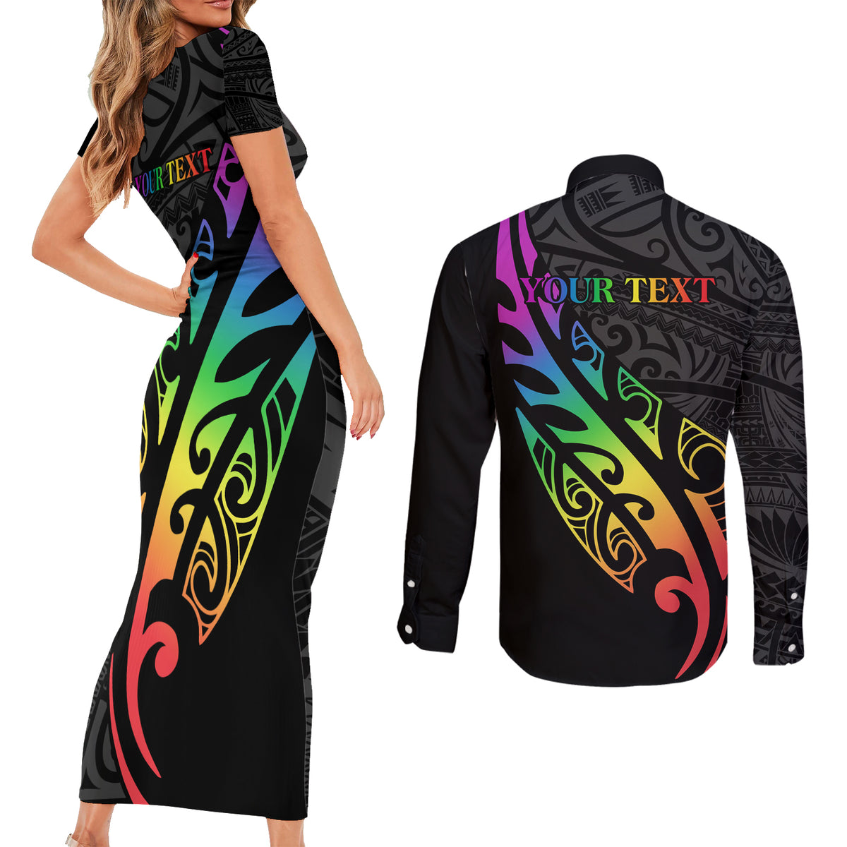 Personalised New Zealand Wellington Pride Couples Matching Short Sleeve Bodycon Dress and Long Sleeve Button Shirt Maori Fern with Pride Flag 2024 LT9 - Polynesian Pride