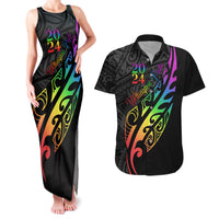 Personalised New Zealand Wellington Pride Couples Matching Tank Maxi Dress and Hawaiian Shirt Maori Fern with Pride Flag 2024 LT9 Black - Polynesian Pride