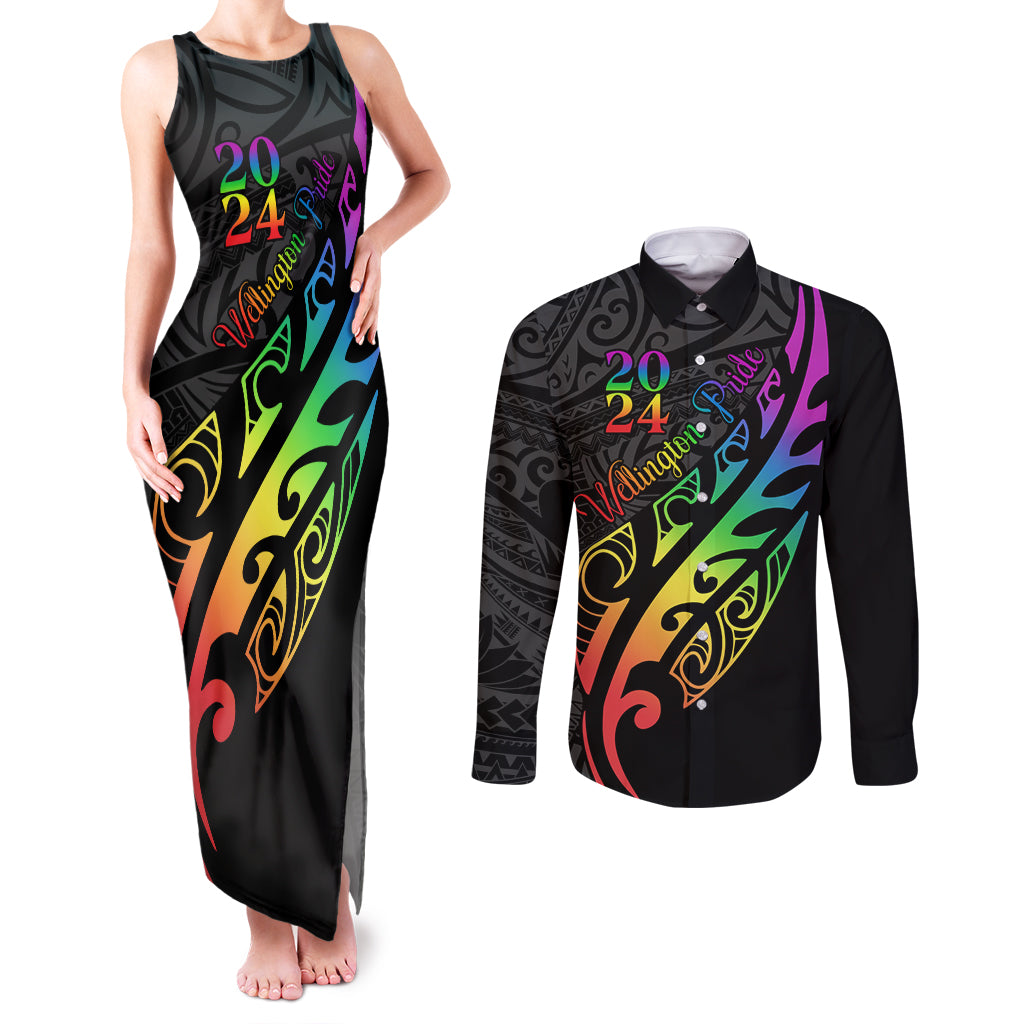 Personalised New Zealand Wellington Pride Couples Matching Tank Maxi Dress and Long Sleeve Button Shirt Maori Fern with Pride Flag 2024 LT9 Black - Polynesian Pride