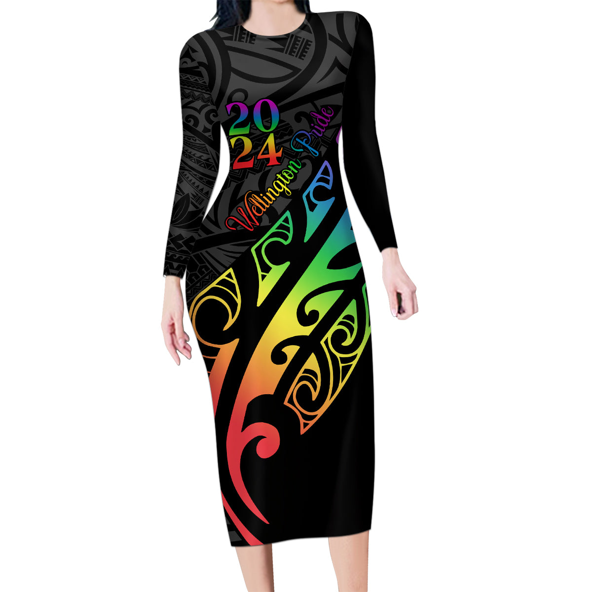 Personalised New Zealand Wellington Pride Family Matching Long Sleeve Bodycon Dress and Hawaiian Shirt Maori Fern with Pride Flag 2024 LT9 Mom's Dress Black - Polynesian Pride