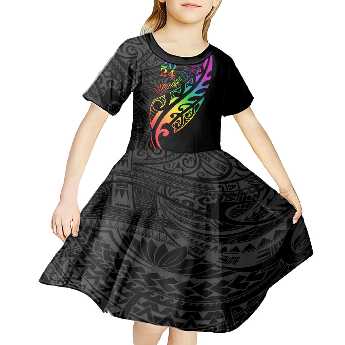 Personalised New Zealand Wellington Pride Kid Short Sleeve Dress Maori Fern with Pride Flag 2024 LT9 - Polynesian Pride