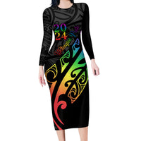 Personalised New Zealand Wellington Pride Long Sleeve Bodycon Dress Maori Fern with Pride Flag 2024 LT9 Long Dress Black - Polynesian Pride