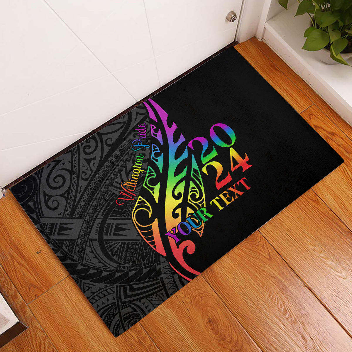 Personalised New Zealand Wellington Pride Rubber Doormat Maori Fern with Pride Flag 2024