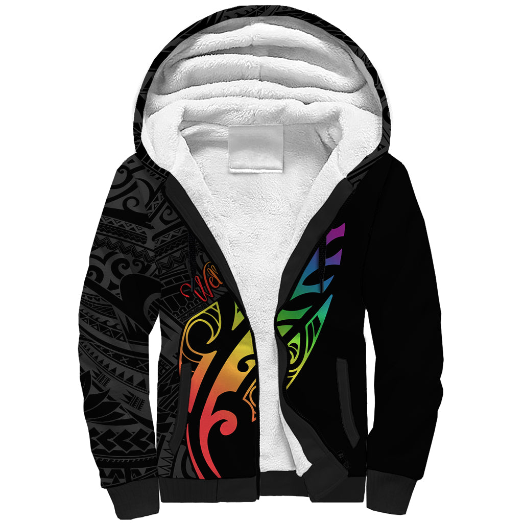Personalised New Zealand Wellington Pride Sherpa Hoodie Maori Fern with Pride Flag 2024 LT9 Unisex Black - Polynesian Pride