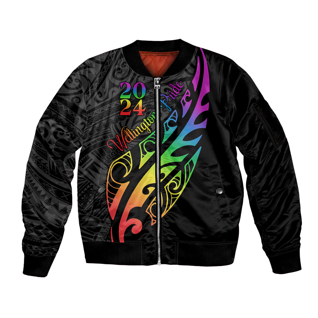 Personalised New Zealand Wellington Pride Sleeve Zip Bomber Jacket Maori Fern with Pride Flag 2024 LT9 Unisex Black - Polynesian Pride