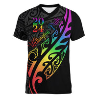 Personalised New Zealand Wellington Pride Women V Neck T Shirt Maori Fern with Pride Flag 2024 LT9 Female Black - Polynesian Pride