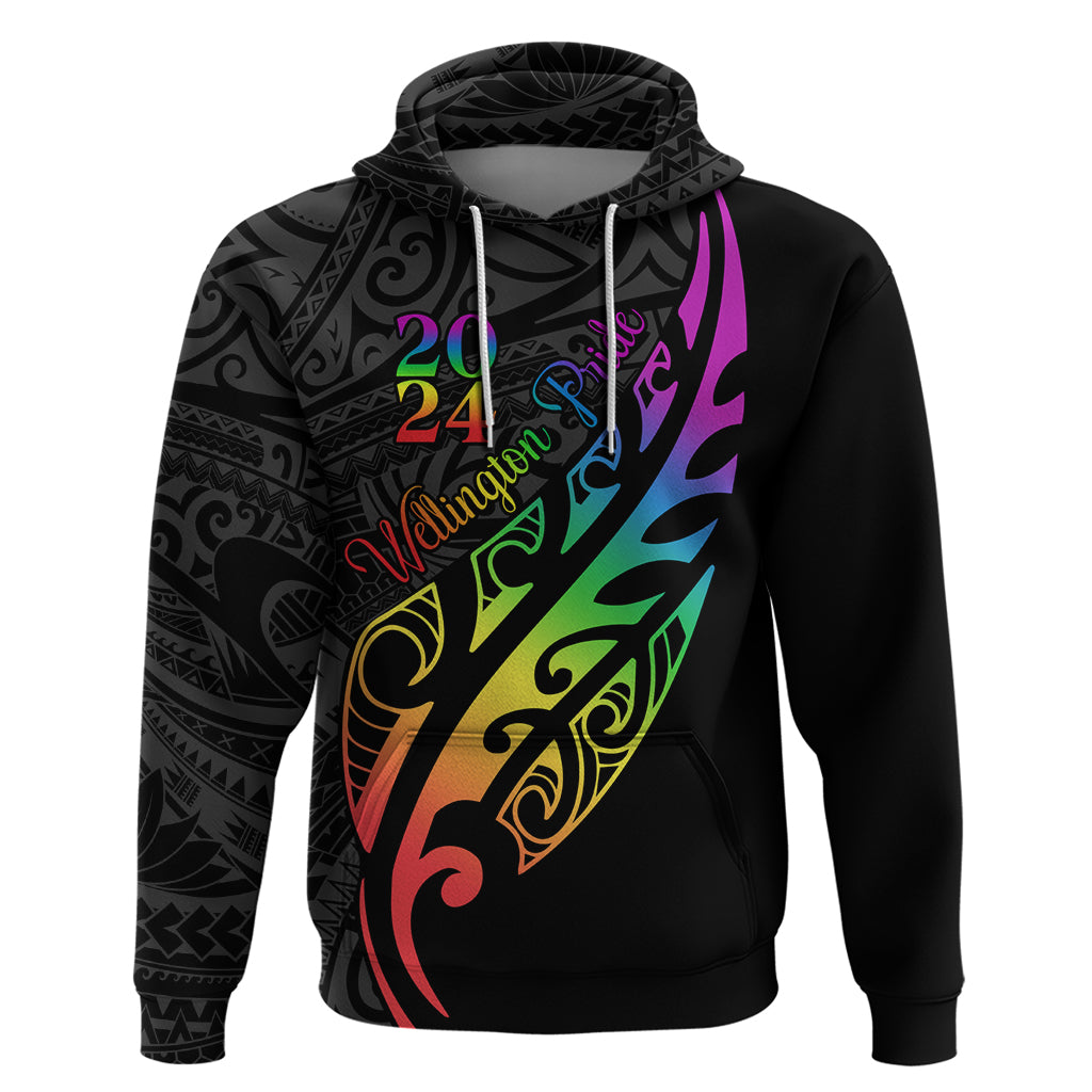 Personalised New Zealand Wellington Pride Zip Hoodie Maori Fern with Pride Flag 2024 LT9 Pullover Hoodie Black - Polynesian Pride