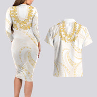 Aloha Lei Onaona Couples Matching Long Sleeve Bodycon Dress and Hawaiian Shirt Beige Hawaiian Tribal Pattern