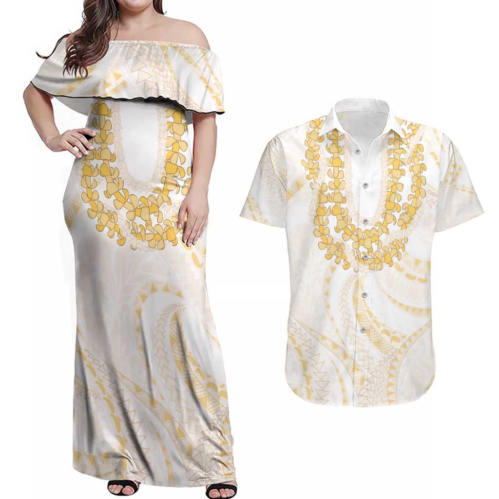 Aloha Lei Onaona Couples Matching Off Shoulder Maxi Dress and Hawaiian Shirt Beige Hawaiian Tribal Pattern