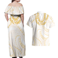 Aloha Lei Onaona Couples Matching Off Shoulder Maxi Dress and Hawaiian Shirt Beige Hawaiian Tribal Pattern