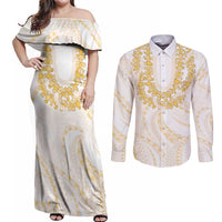 Aloha Lei Onaona Couples Matching Off Shoulder Maxi Dress and Long Sleeve Button Shirt Beige Hawaiian Tribal Pattern