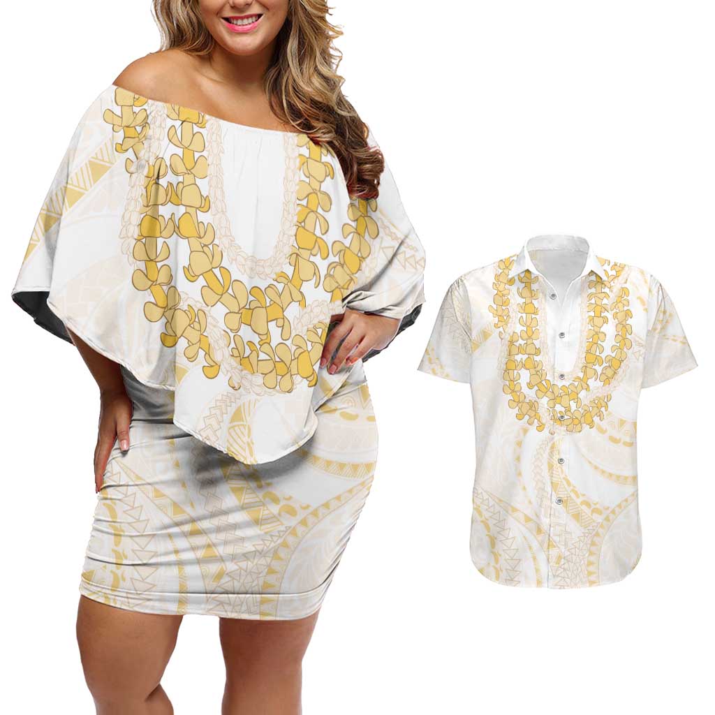 Aloha Lei Onaona Couples Matching Off Shoulder Short Dress and Hawaiian Shirt Beige Hawaiian Tribal Pattern