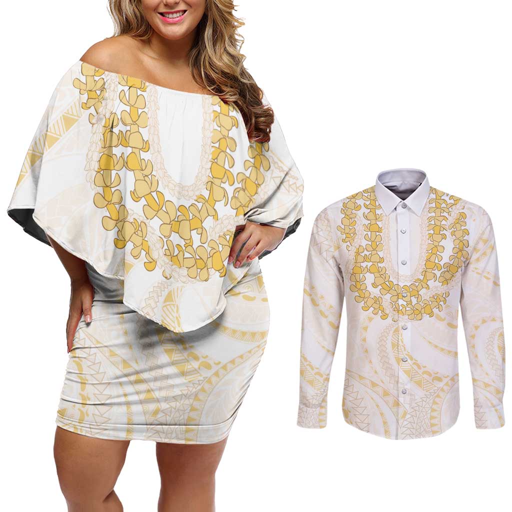 Aloha Lei Onaona Couples Matching Off Shoulder Short Dress and Long Sleeve Button Shirt Beige Hawaiian Tribal Pattern