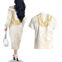 Aloha Lei Onaona Couples Matching Off The Shoulder Long Sleeve Dress and Hawaiian Shirt Beige Hawaiian Tribal Pattern