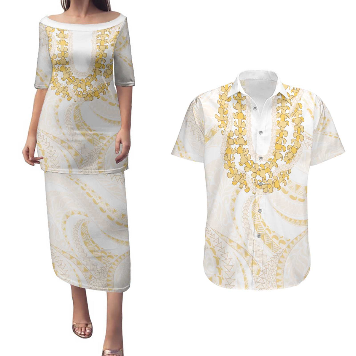 Aloha Lei Onaona Couples Matching Puletasi and Hawaiian Shirt Beige Hawaiian Tribal Pattern