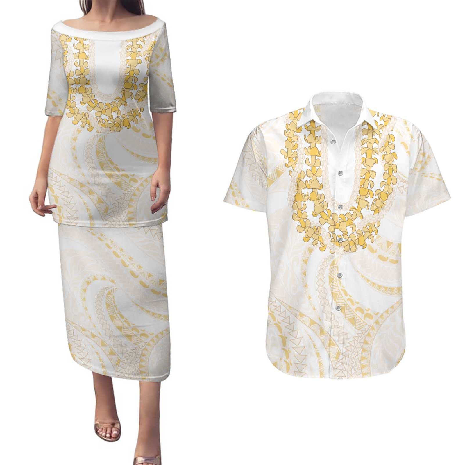 Aloha Lei Onaona Couples Matching Puletasi and Hawaiian Shirt Beige Hawaiian Tribal Pattern