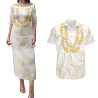 Aloha Lei Onaona Couples Matching Puletasi and Hawaiian Shirt Beige Hawaiian Tribal Pattern