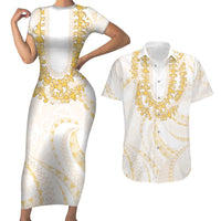 Aloha Lei Onaona Couples Matching Short Sleeve Bodycon Dress and Hawaiian Shirt Beige Hawaiian Tribal Pattern